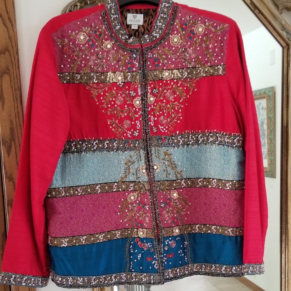 Chico's Beaded Sequin Jacket - Red Size 3